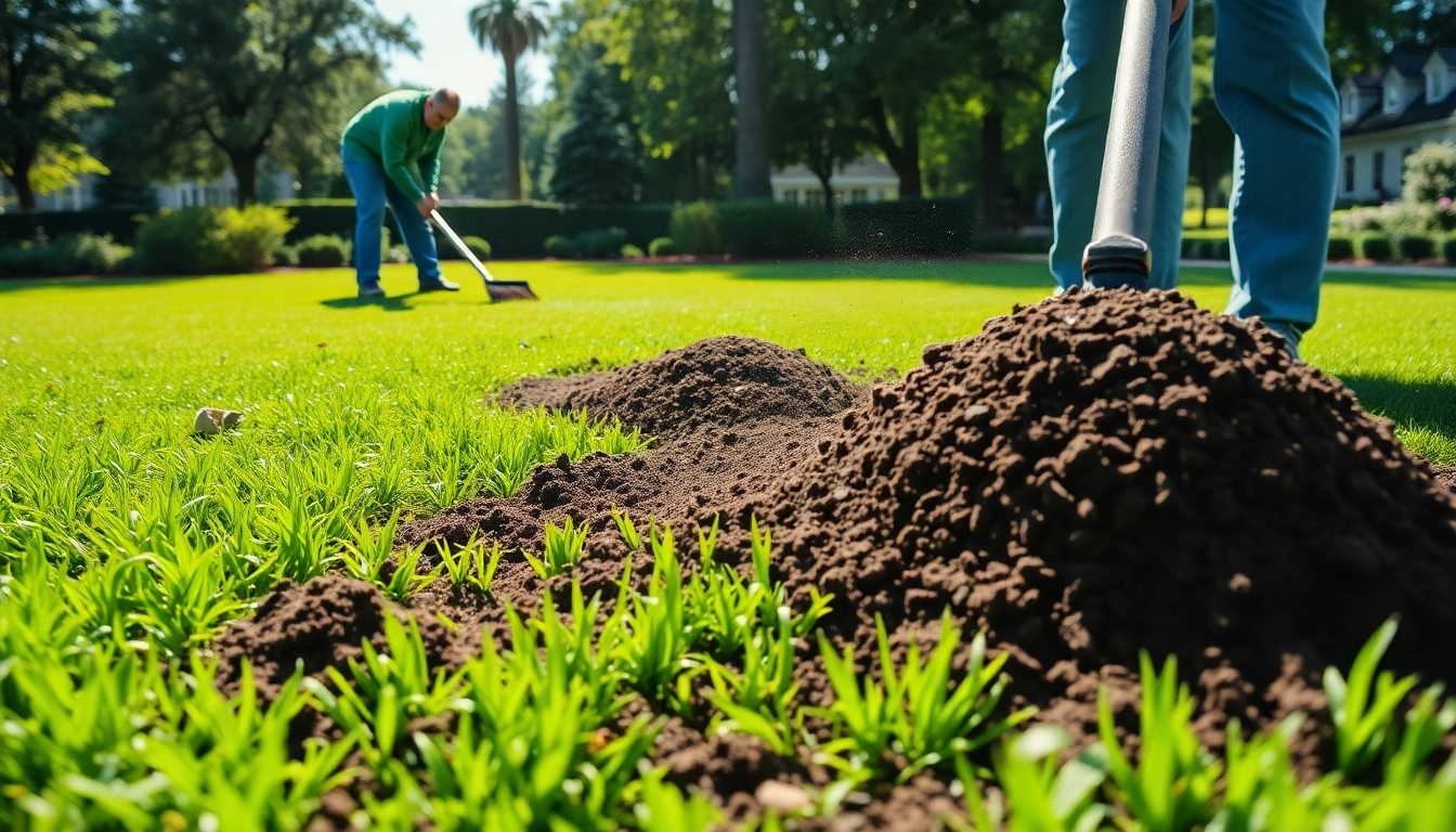 Lawn top dressing in action with compost being applied to enhance soil quality.