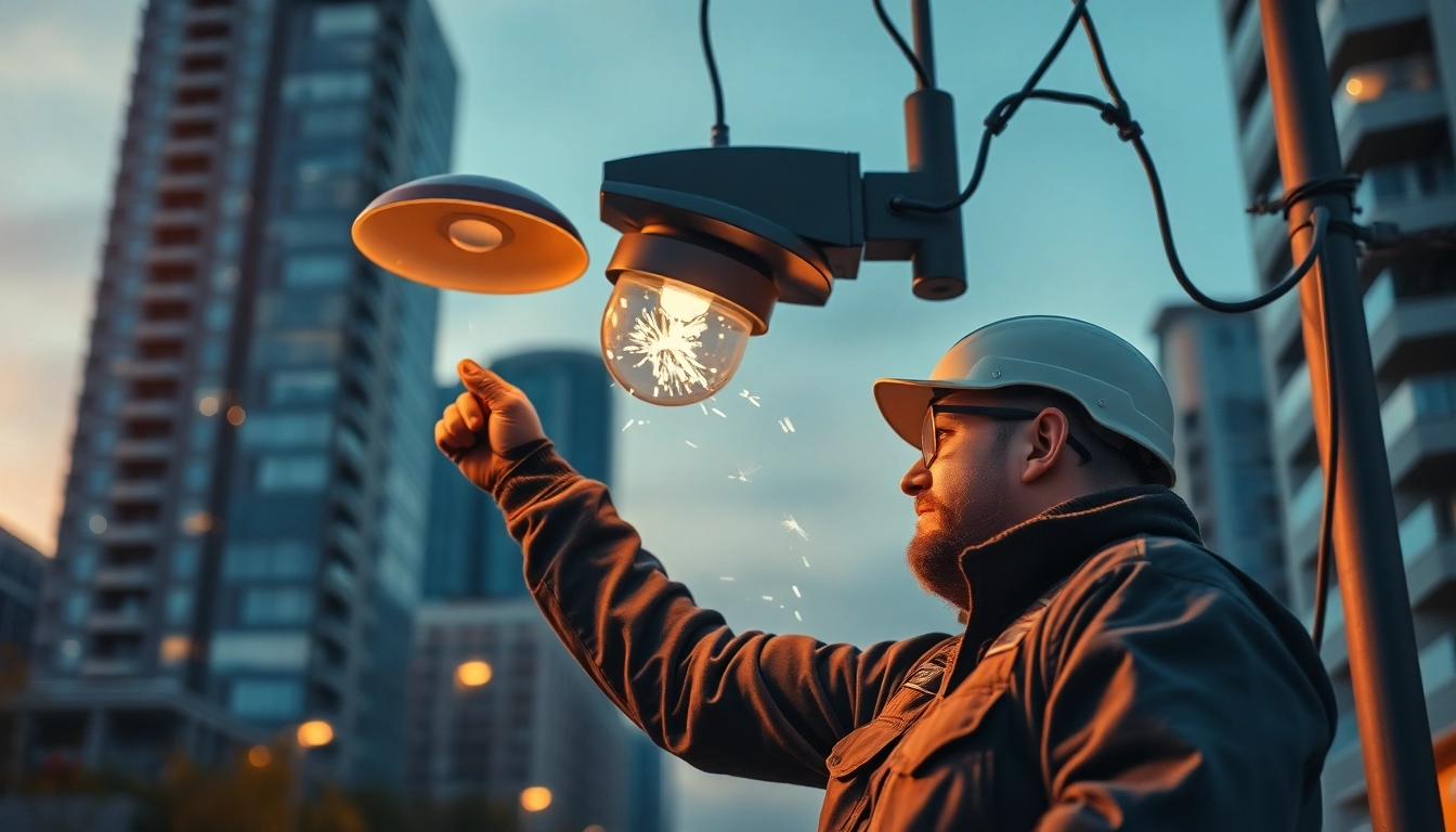 Electrician Notdienst assisting with street light repair in a busy city at dusk.