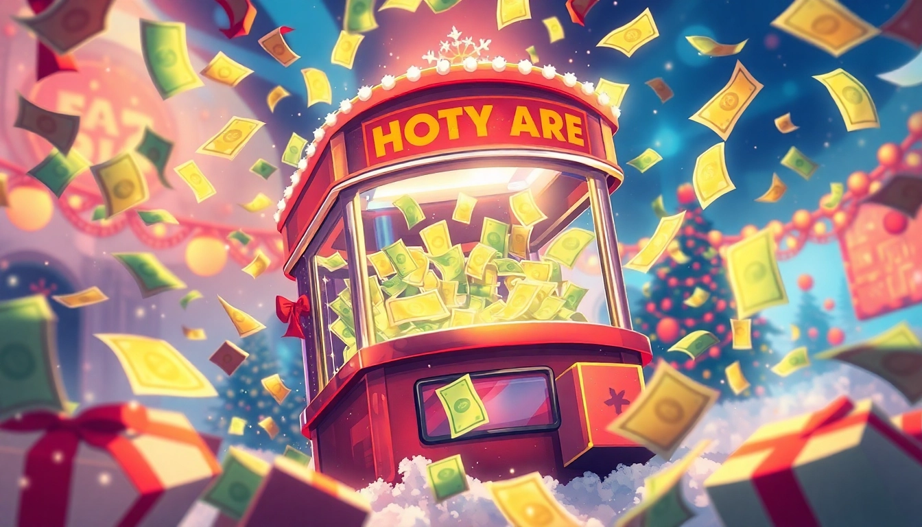 Experience the thrill of a Money Machine Holiday Money Grab with flying bills and festive decorations.