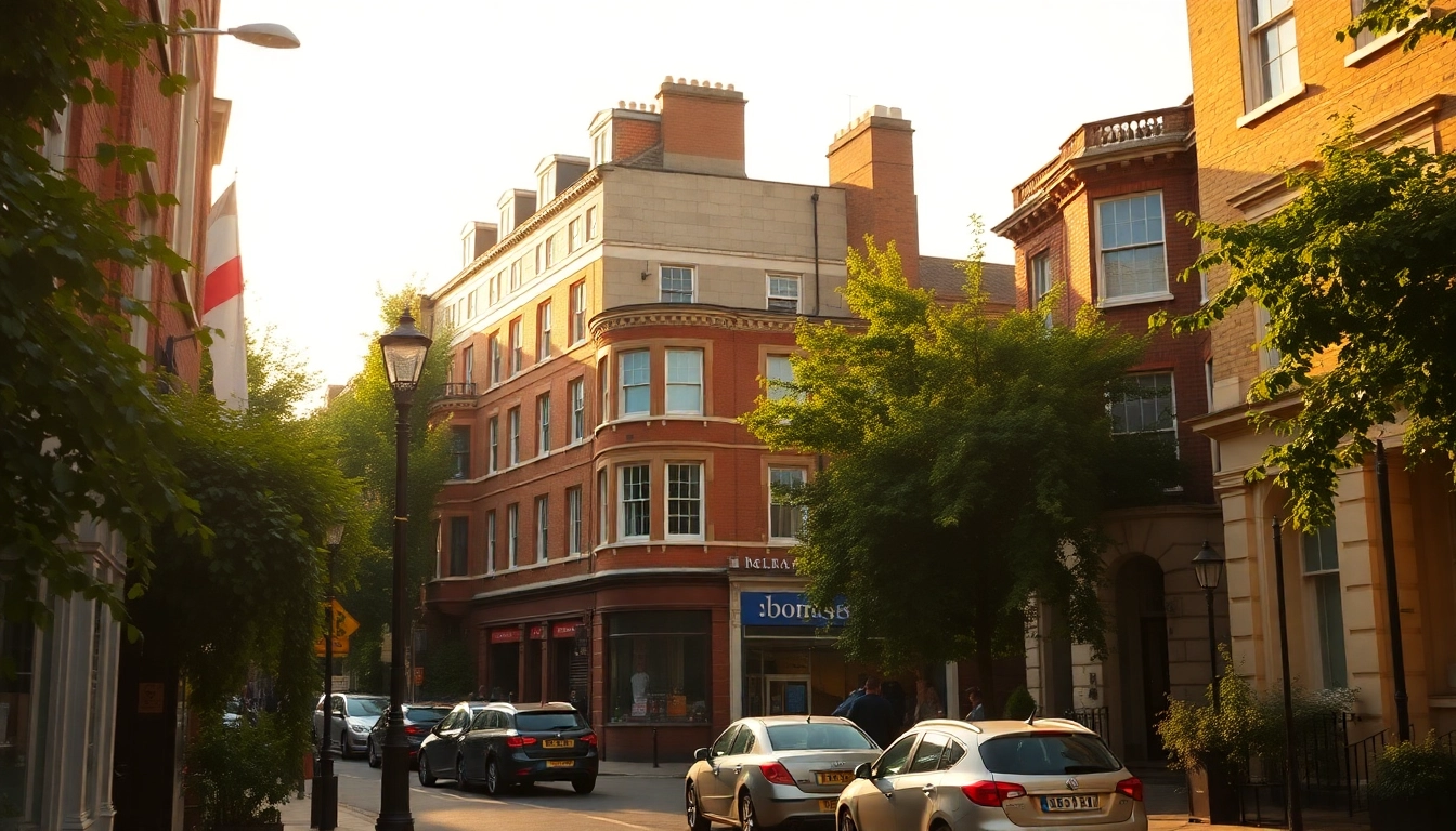 Experience the charm of Bloomsbury's historic streets with lush greenery and warm sunset lighting.