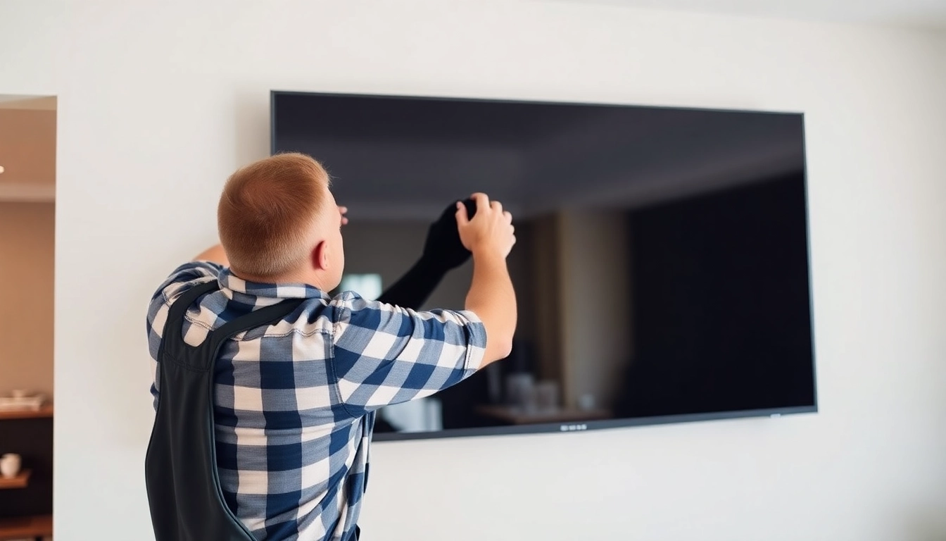 Efficient TV mounting installation service being performed in a contemporary living room.