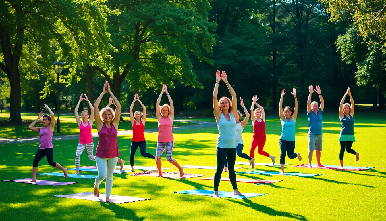 Group practicing yoga outdoors emphasizes the importance of health and wellness.