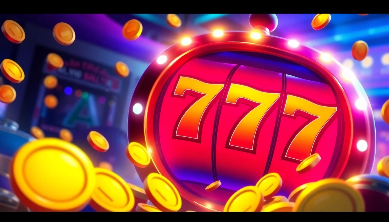 Spinning สล็อต777 slot machine with vibrant lights and cascading coins, showcasing excitement and joy.