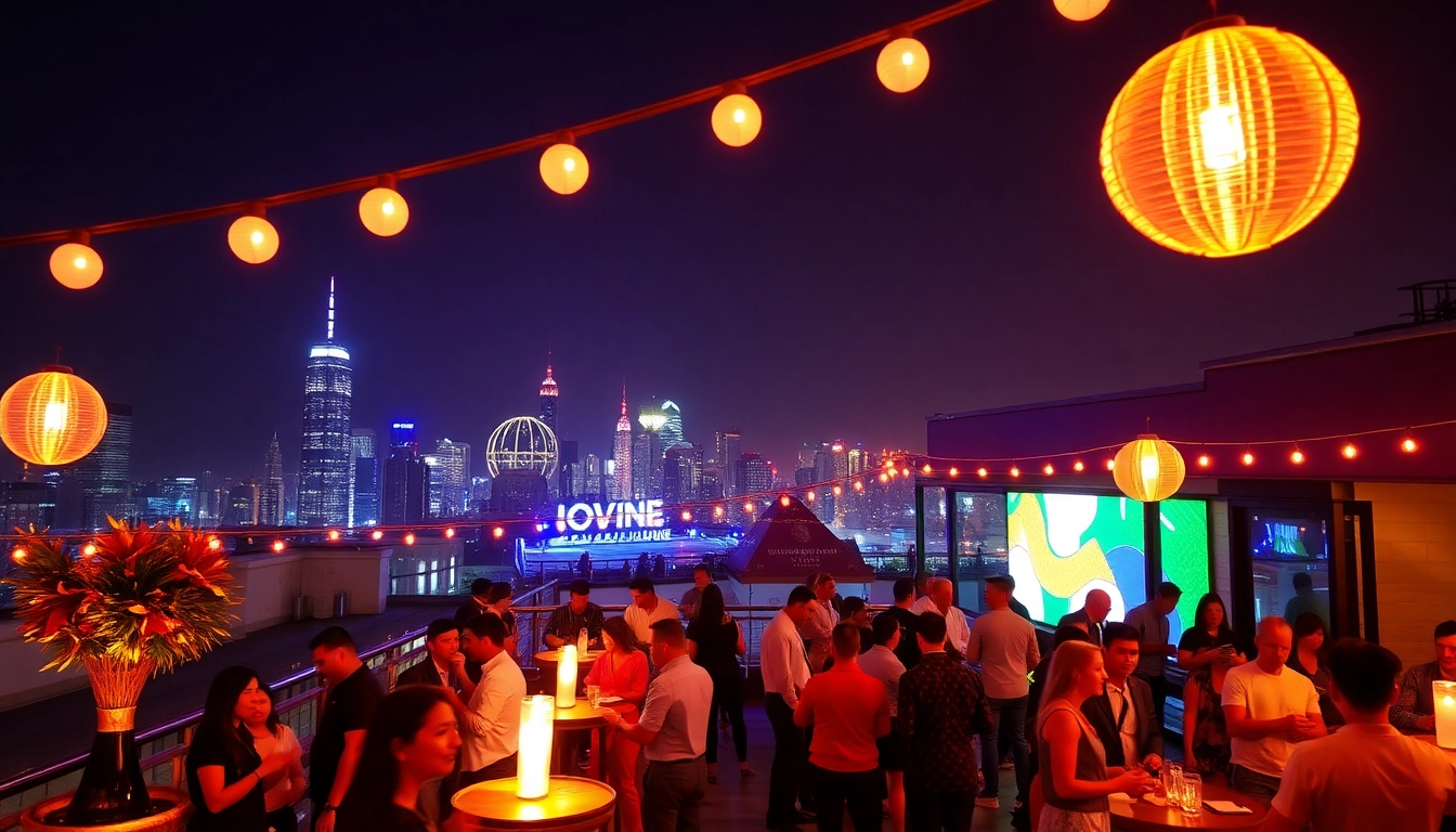 Host a Unique Event on a rooftop with lively guests enjoying the urban sunset view.