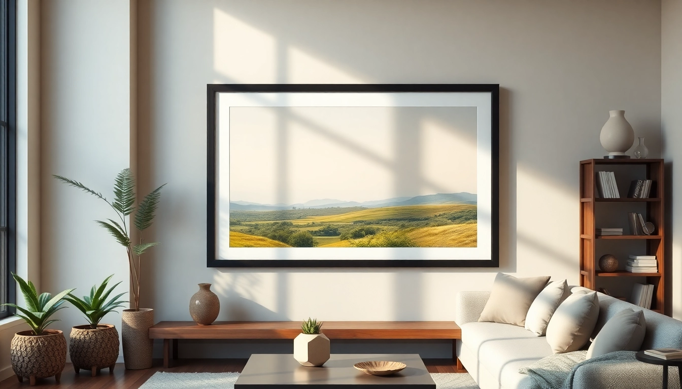 Display a stunning 20x30 frame holding a vibrant landscape photo in a modern living room.