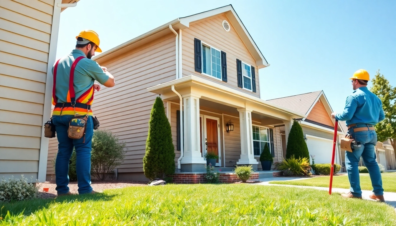 Contractors performing exterior project services, showcasing siding installation on a suburban home.