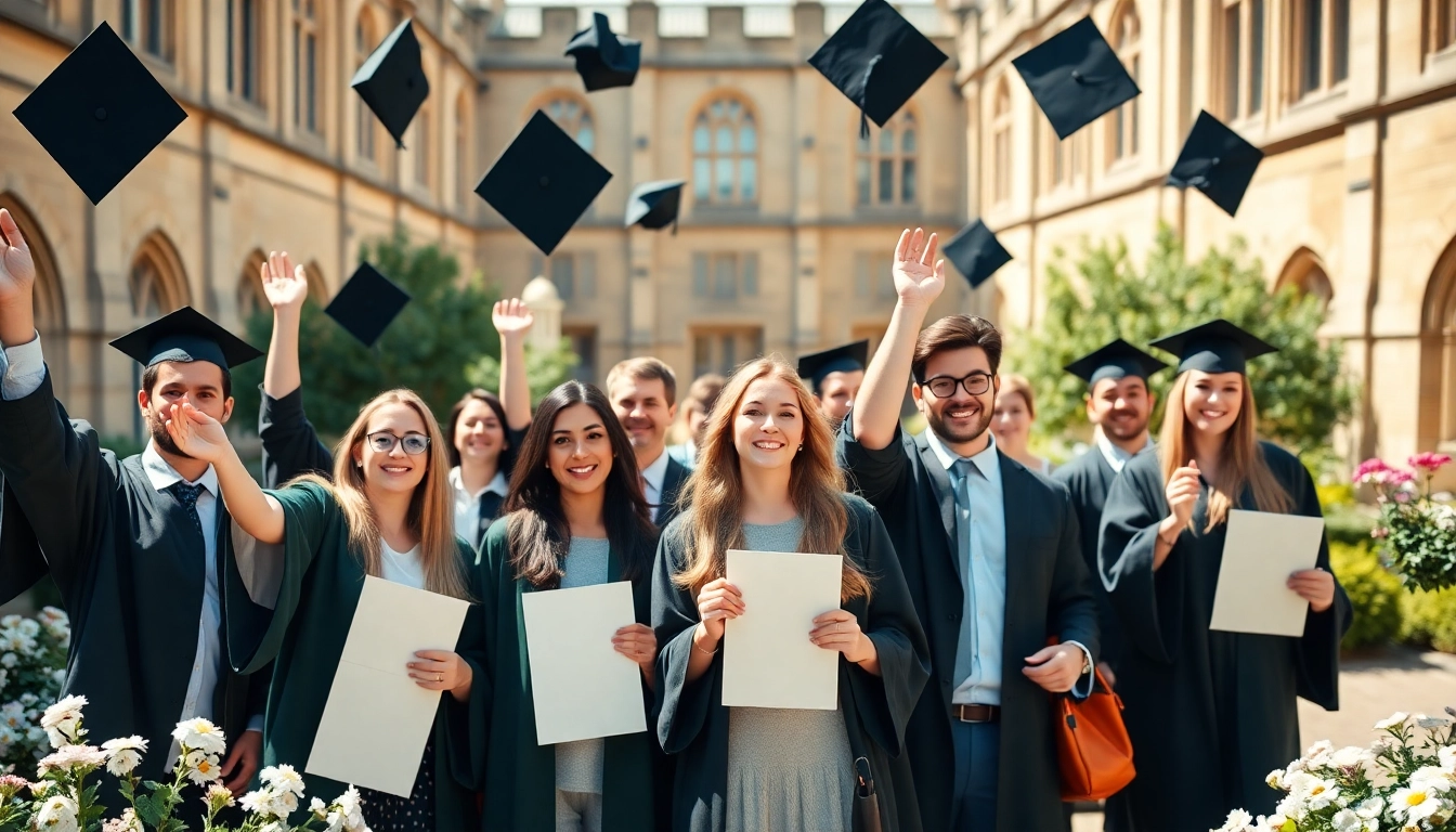 Celebrate obtaining an original UK degree with diverse graduates in an academic setting.