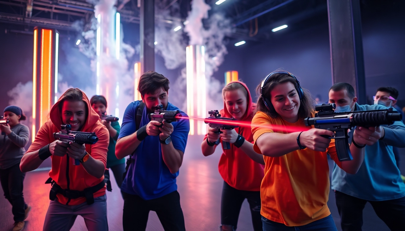 Laser tag players in action, showcasing vibrant arena atmosphere and tactical gear.