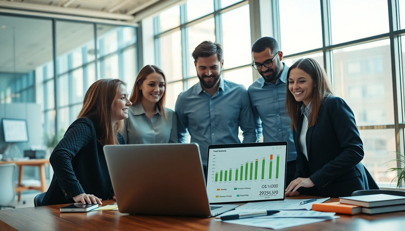 Marketers engaging in trade marketing strategies in a modern office setting.
