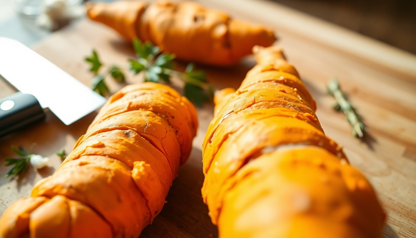 Fresh Turmeric Root highlighted on cutting board with herbs and utensils.