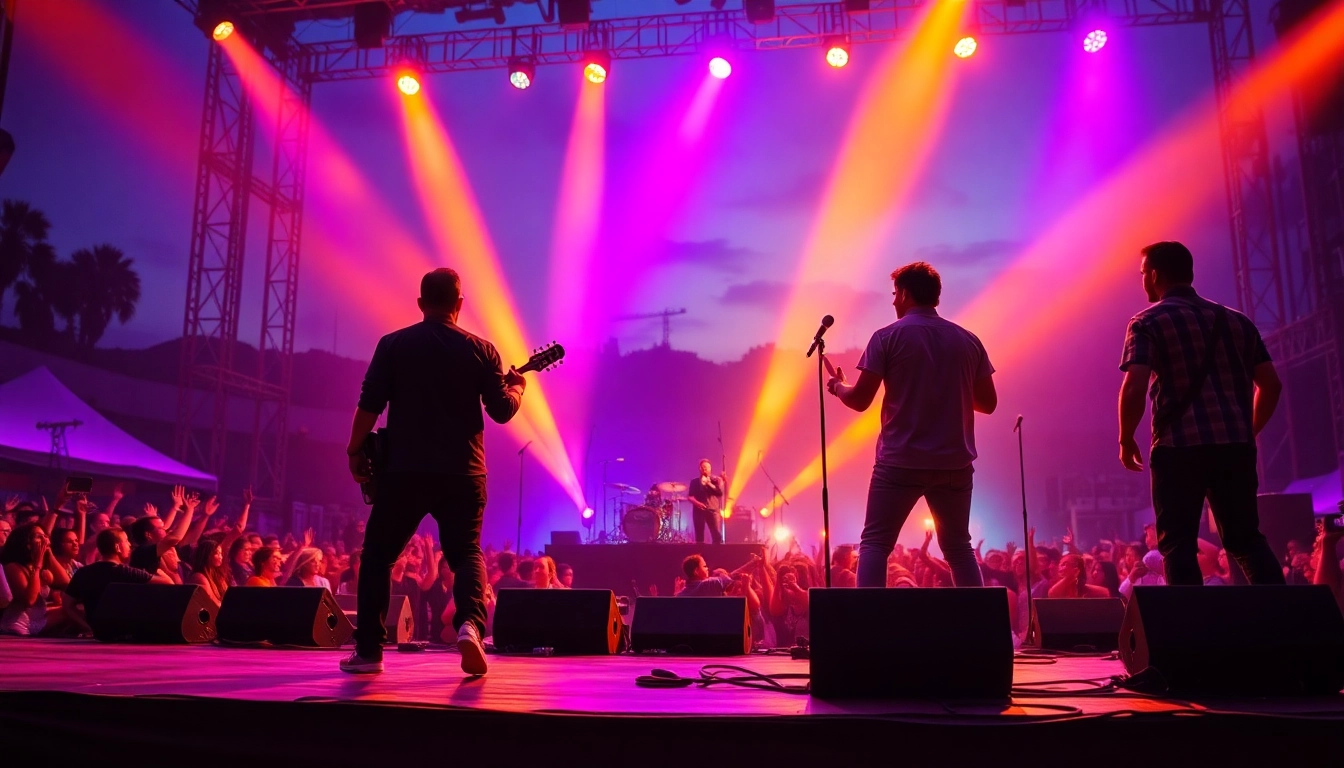 Experience the excitement of Touring with musicians energizing the stage during a vibrant performance.