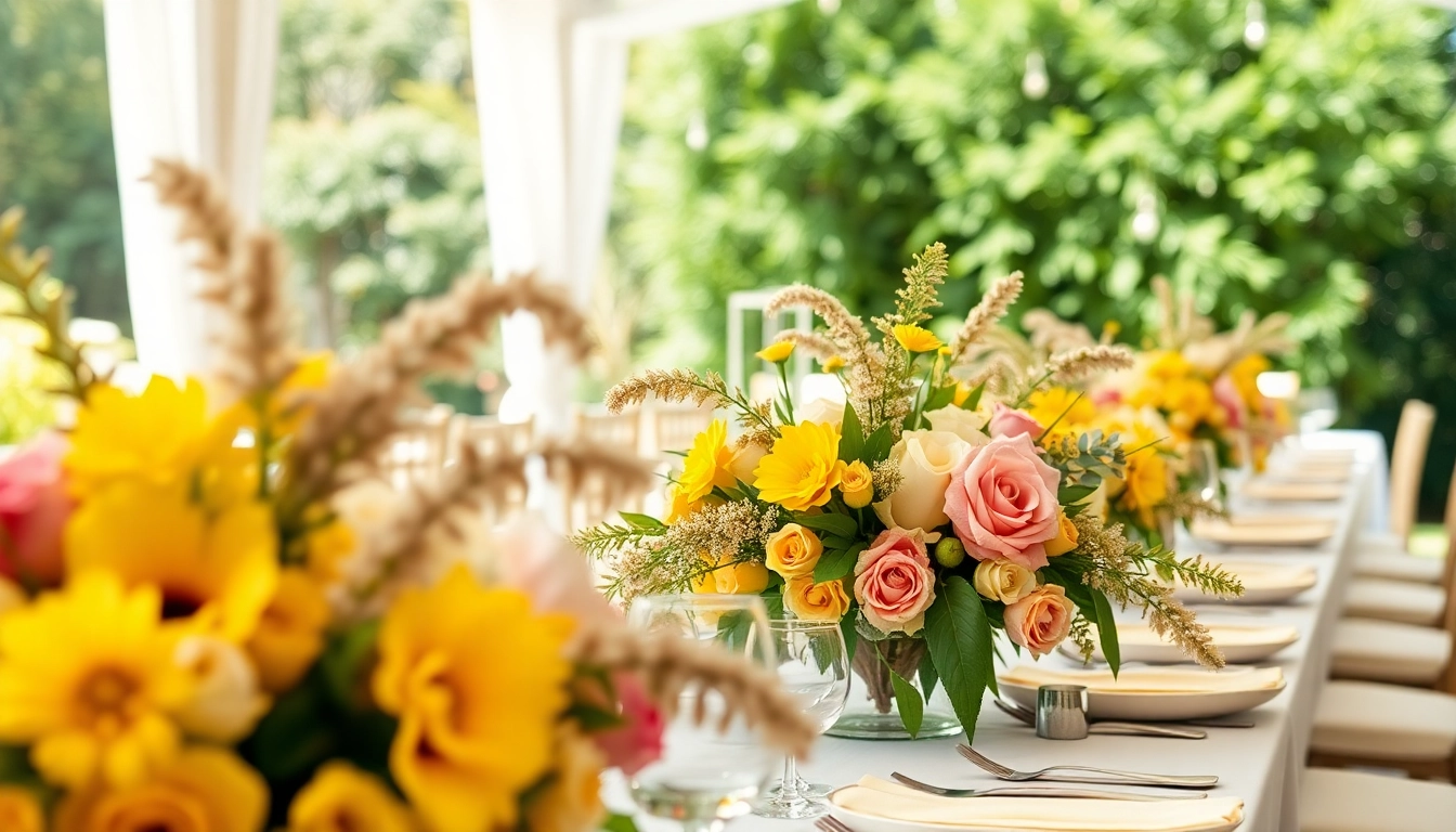 Vibrant floral arrangements by an Orange County event florist in an outdoor event setting.