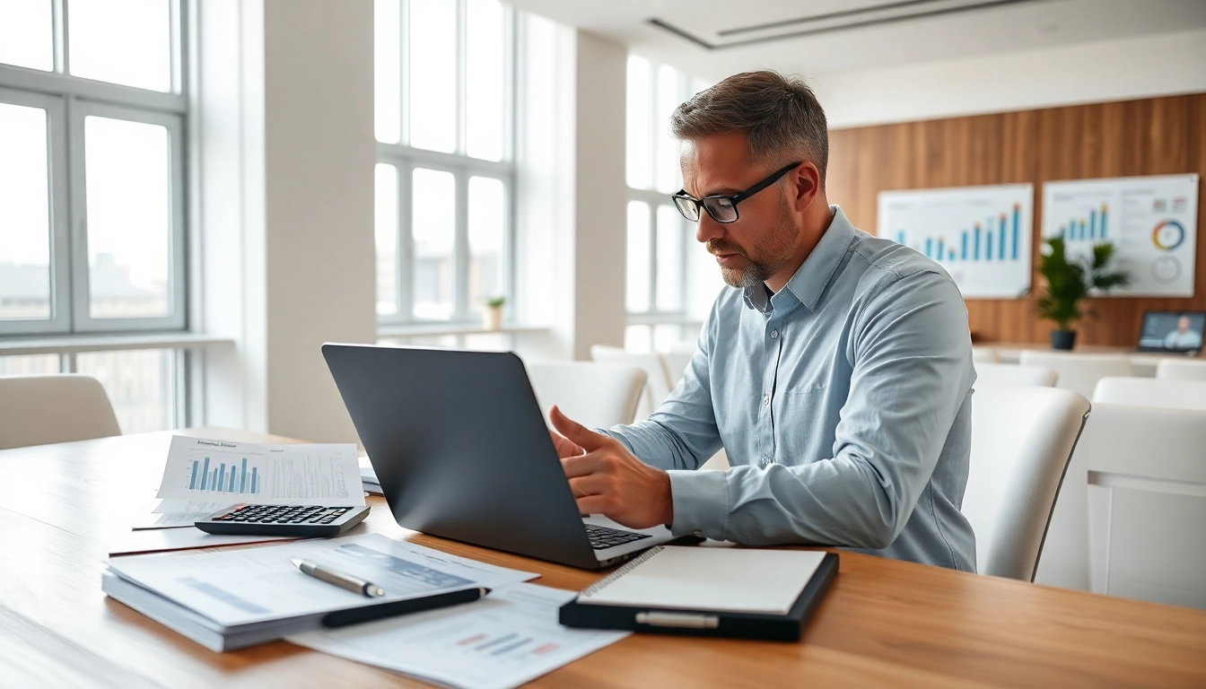 Accountant performing an impairment test in a bright office setting with financial documents.
