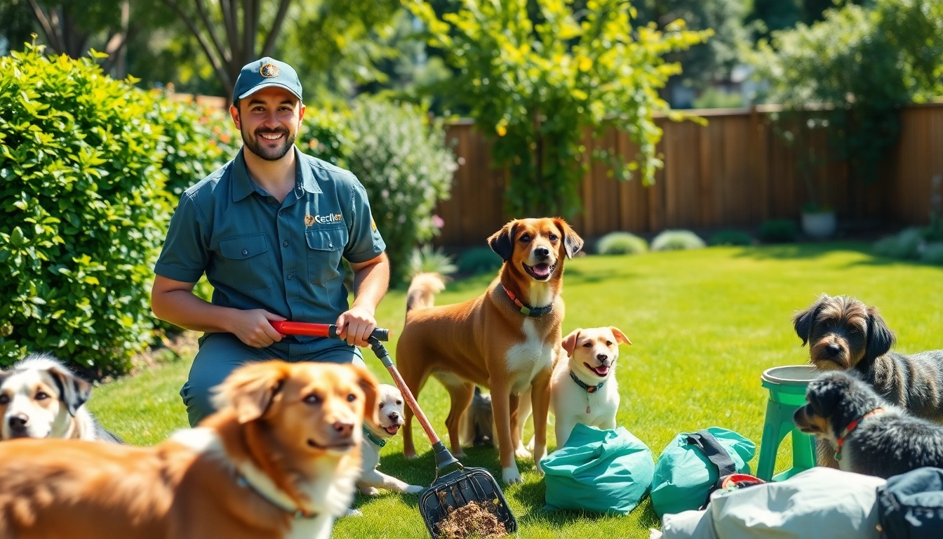 Efficient dog poop cleanup service with technician in a vibrant yard removing pet waste.