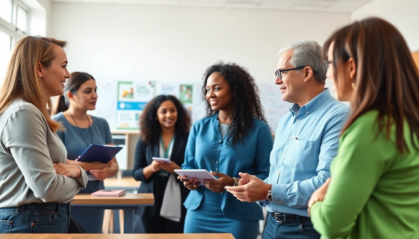 Engaging professional educators discussing level 5 diploma in leadership and management for residential childcare answers in a modern classroom.