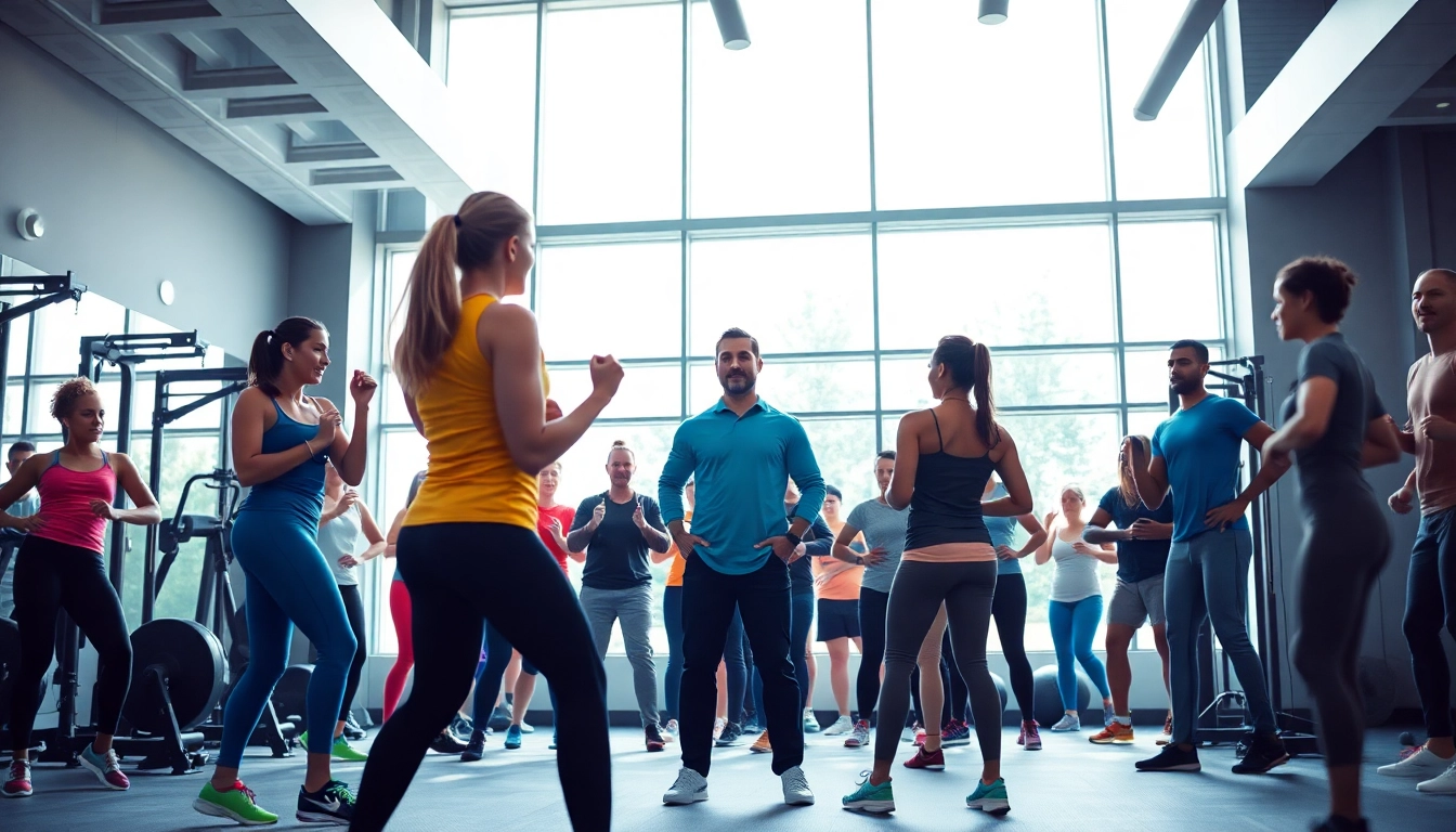 Find the best gym near me with a lively fitness group engaged in an inspiring workout session.