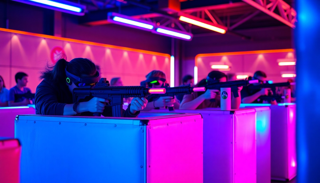 Participants enjoying an action-packed game of laser tag in a vibrant, neon-lit arena.