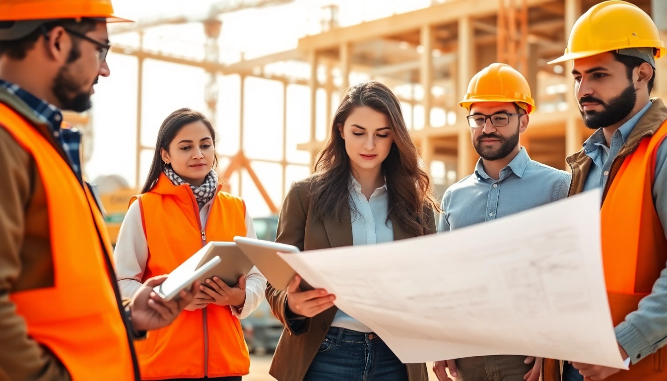 View of diverse professionals discussing level 7 nvq diploma in construction senior management answers on a construction site.