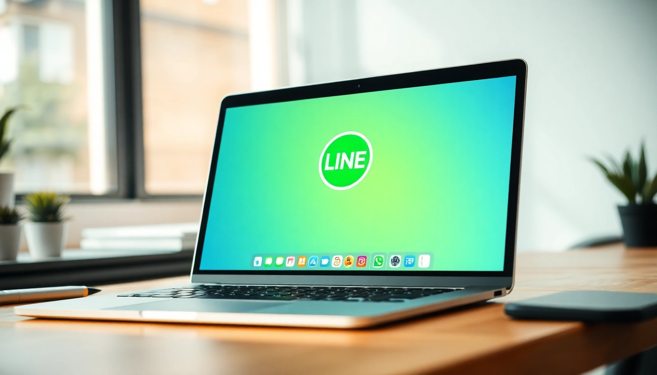 Download the LINE desktop version, showcasing a laptop with vibrant app graphics in a bright workspace.