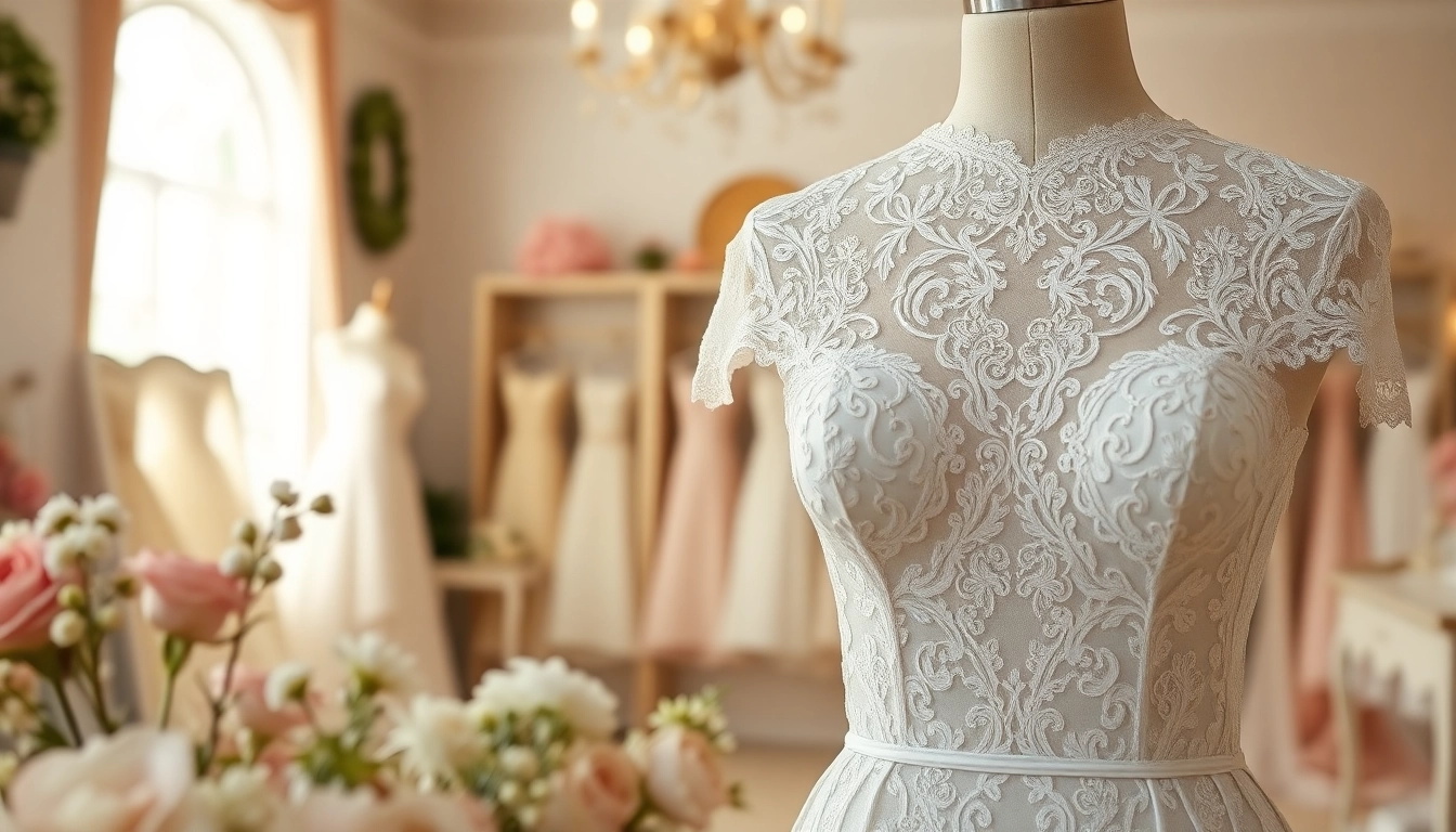 Showcasing intricate Lace Wedding Dresses in a romantic bridal boutique setting.