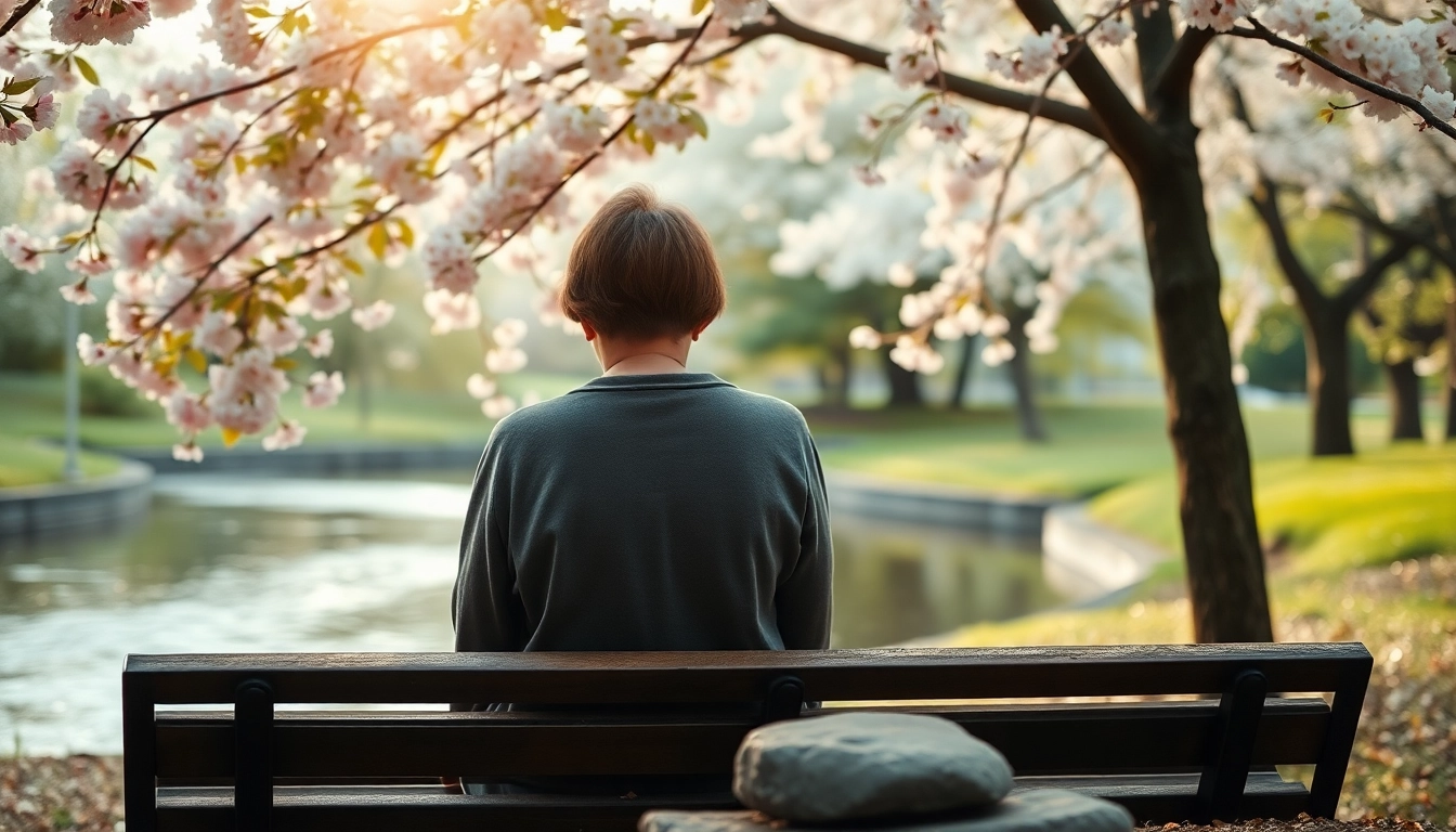 Individual contemplating nature while dealing with grief in a serene park setting.