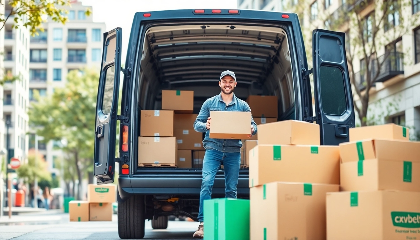 Man and van moving service depicted with movers unloading a van filled with boxes.