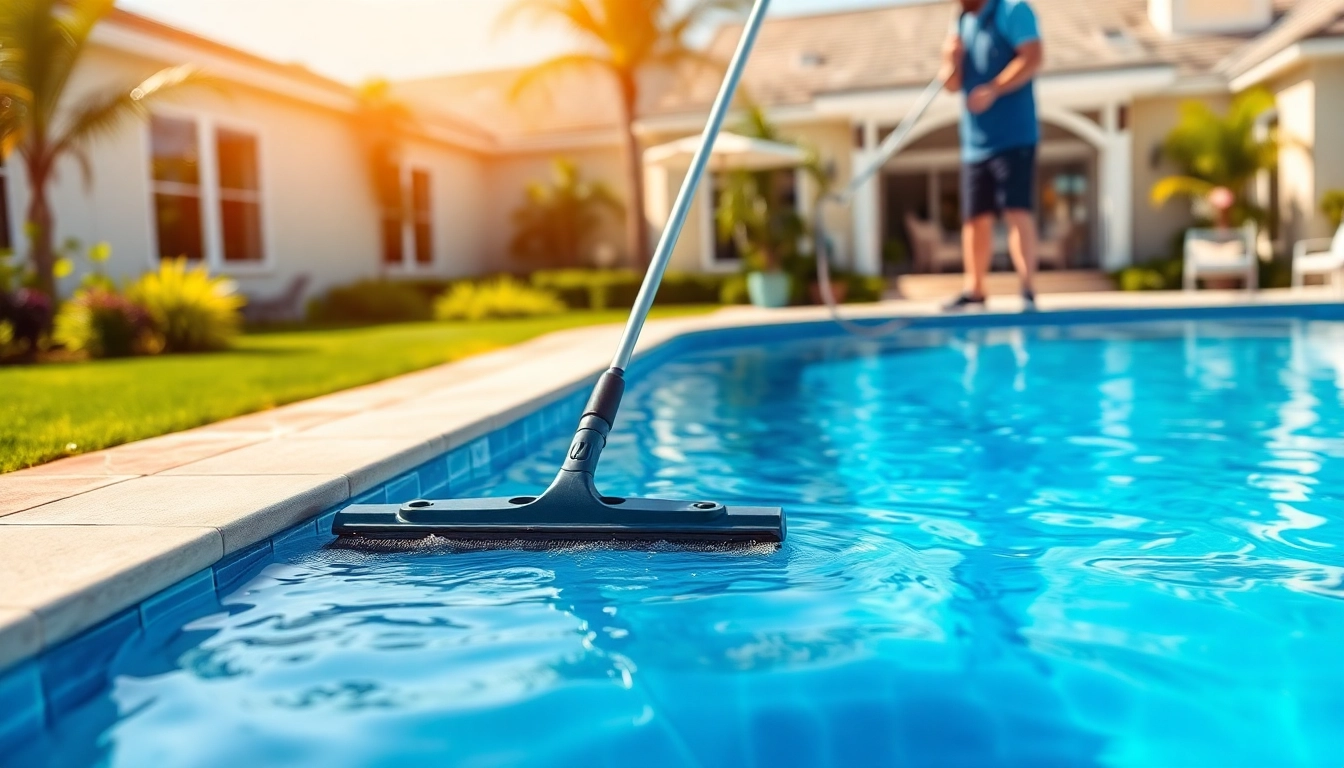 Experienced technician performing a pool cleaning service near me, ensuring a pristine swimming pool.