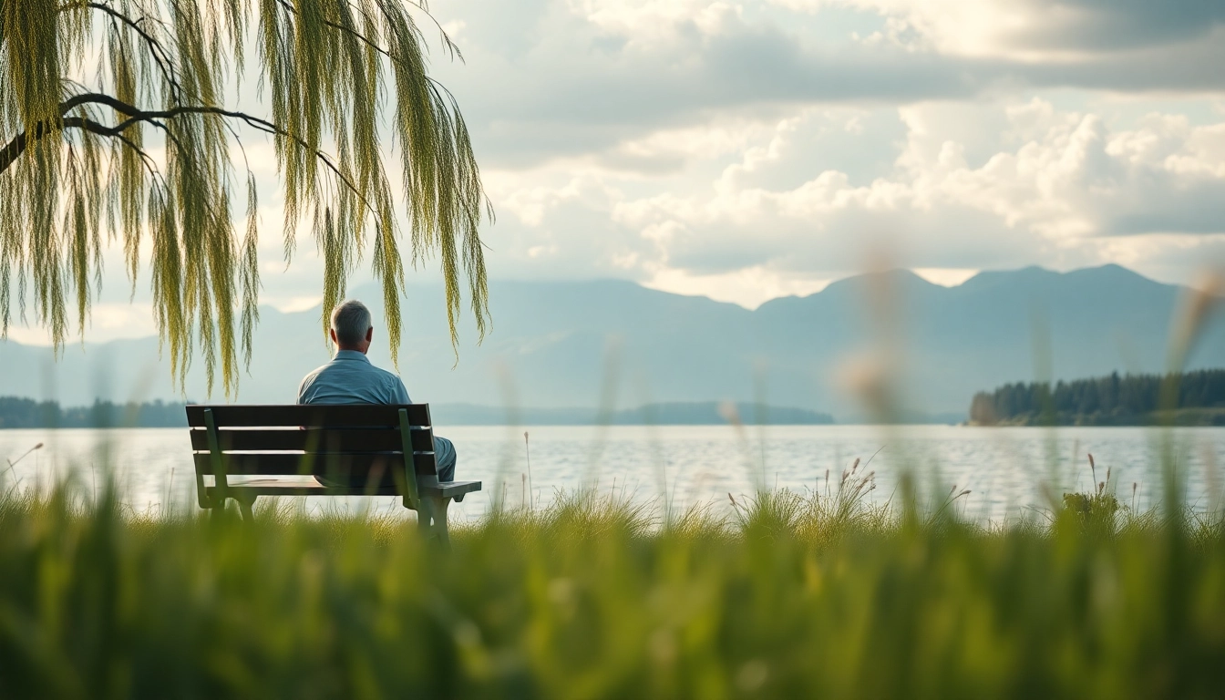 Person reflecting while dealing with grief by a tranquil lake, surrounded by nature.