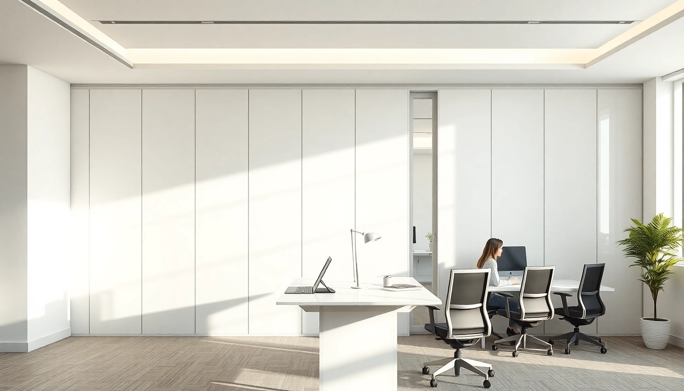Utilizing a folding partition wall for sleek office space division and organization.