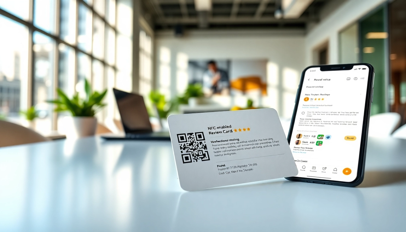 Engaging NFC-enabled reviewcardsgoogle showcased with vibrant colors in a modern office.
