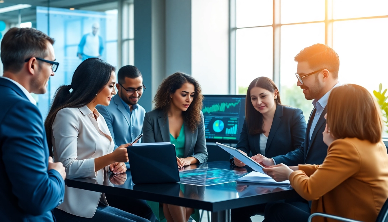 Analyze data for competitive intelligence insights with a team of professionals in a modern office.