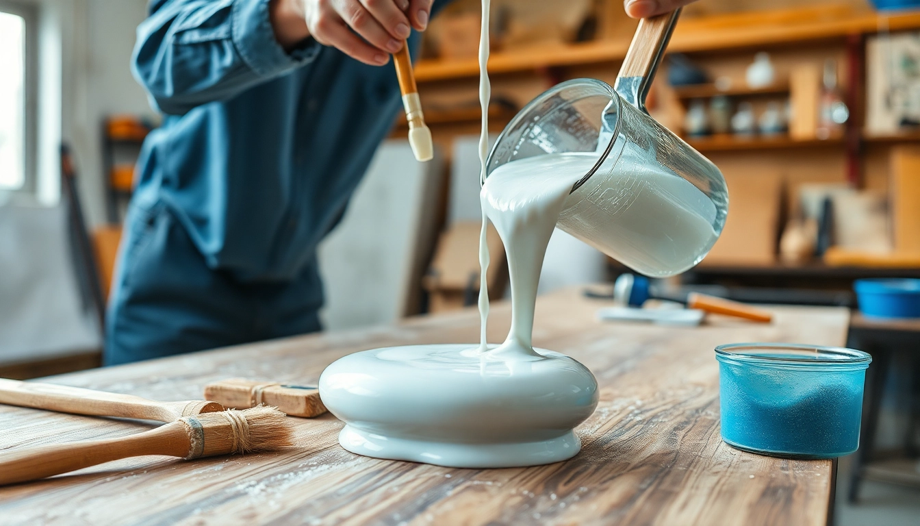 Pouring laminating resin into molds with smooth texture and clear visibility.