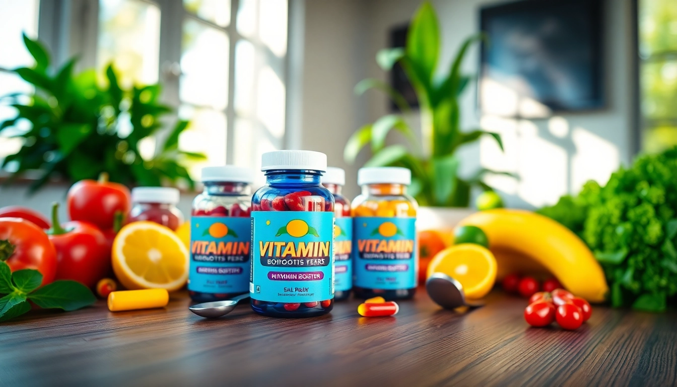 Showcase vitamin boosters with fresh produce emphasizing health and wellness.