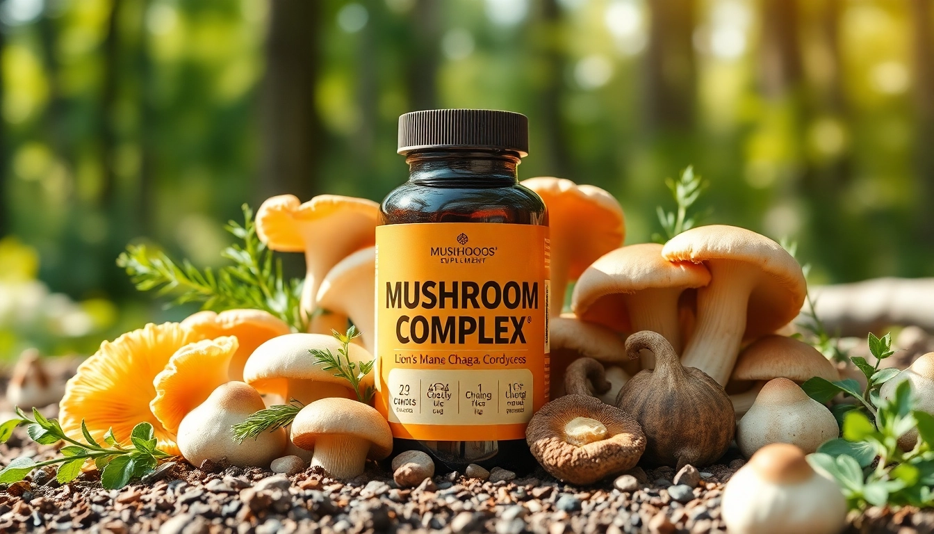 Promote Mushroom Complex benefits with a vibrant display of mushrooms and supplement essentials.