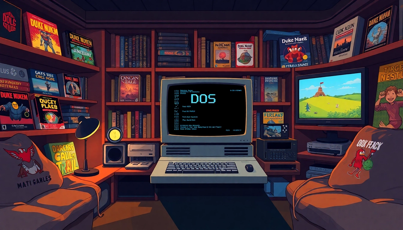 Enjoy nostalgic moments as you play dos games on a vintage computer setup surrounded by classic game covers.