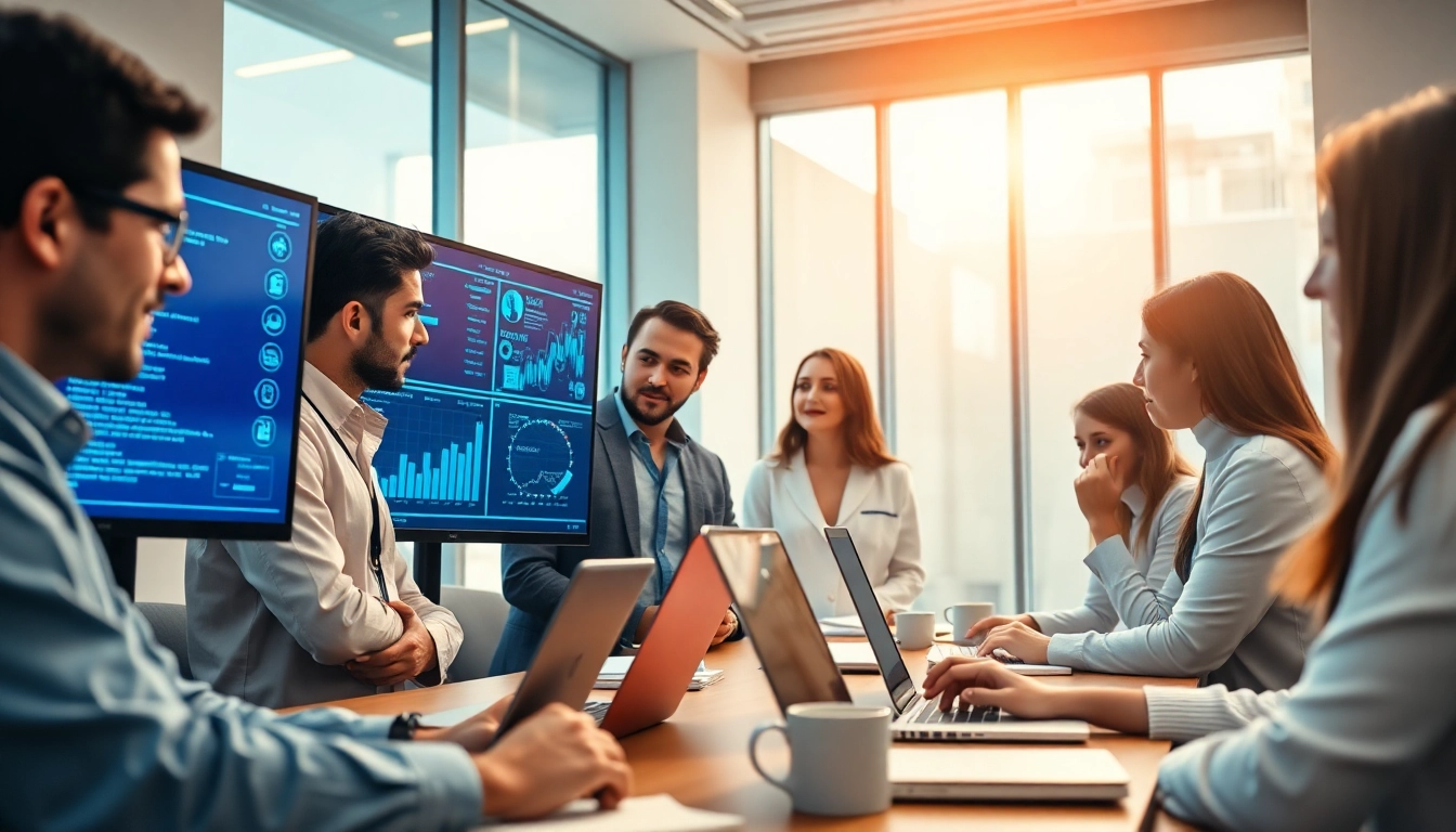 Analyze ai detection strategies with diverse experts in a modern office setting.