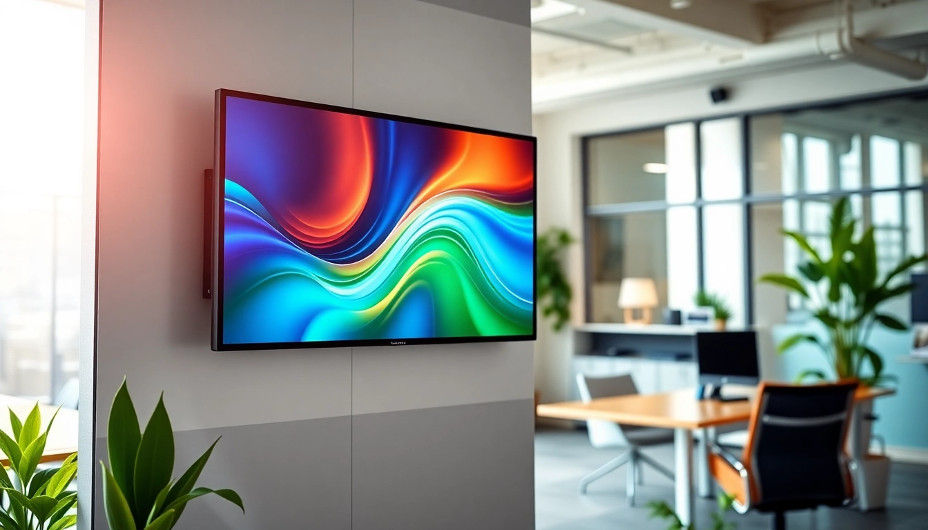 Showcasing an Android digital signage player in a vibrant office setting with dynamic content displayed.