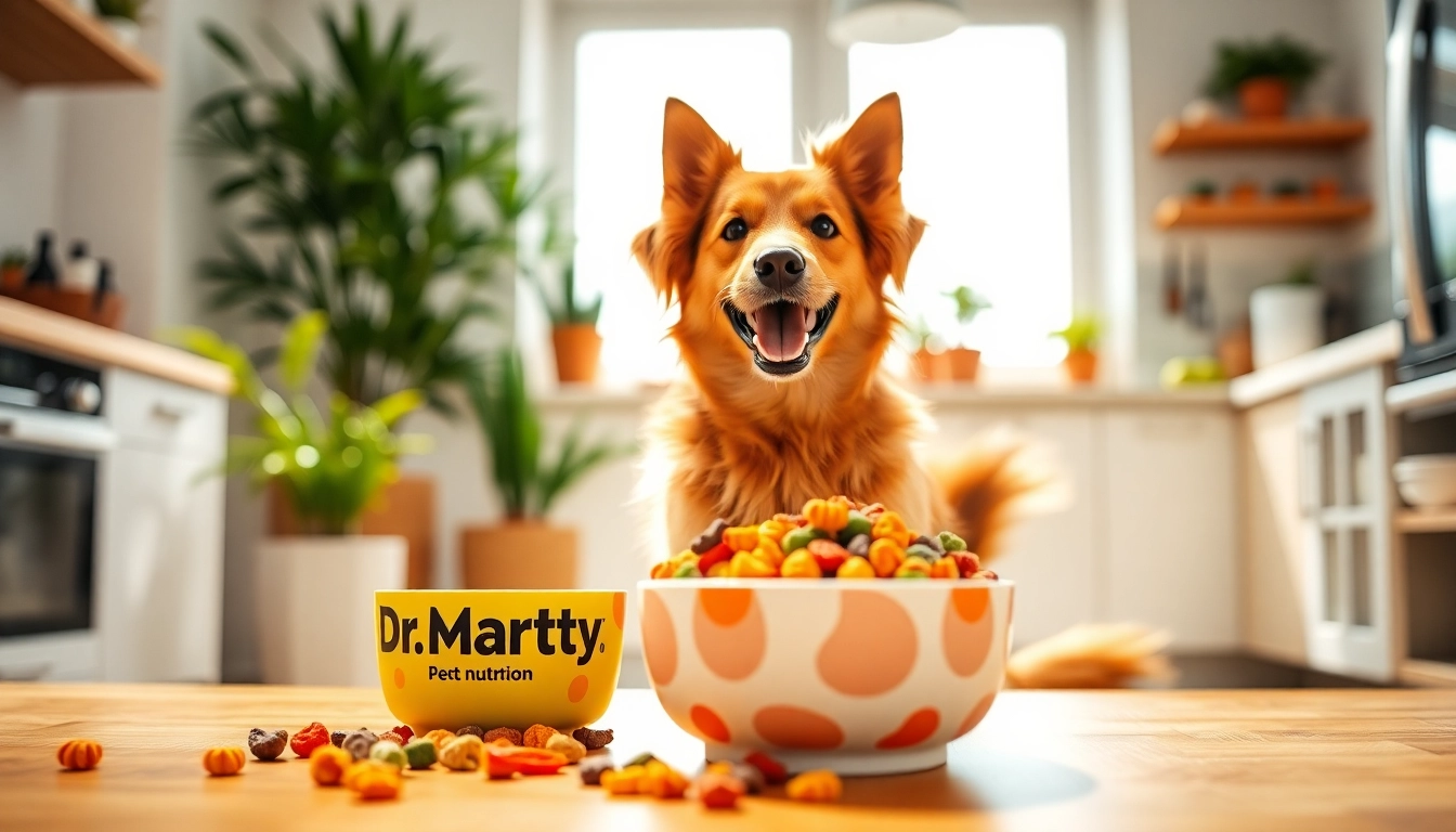 Happy dog enjoying dr marty pet food canada in a bright kitchen setting.