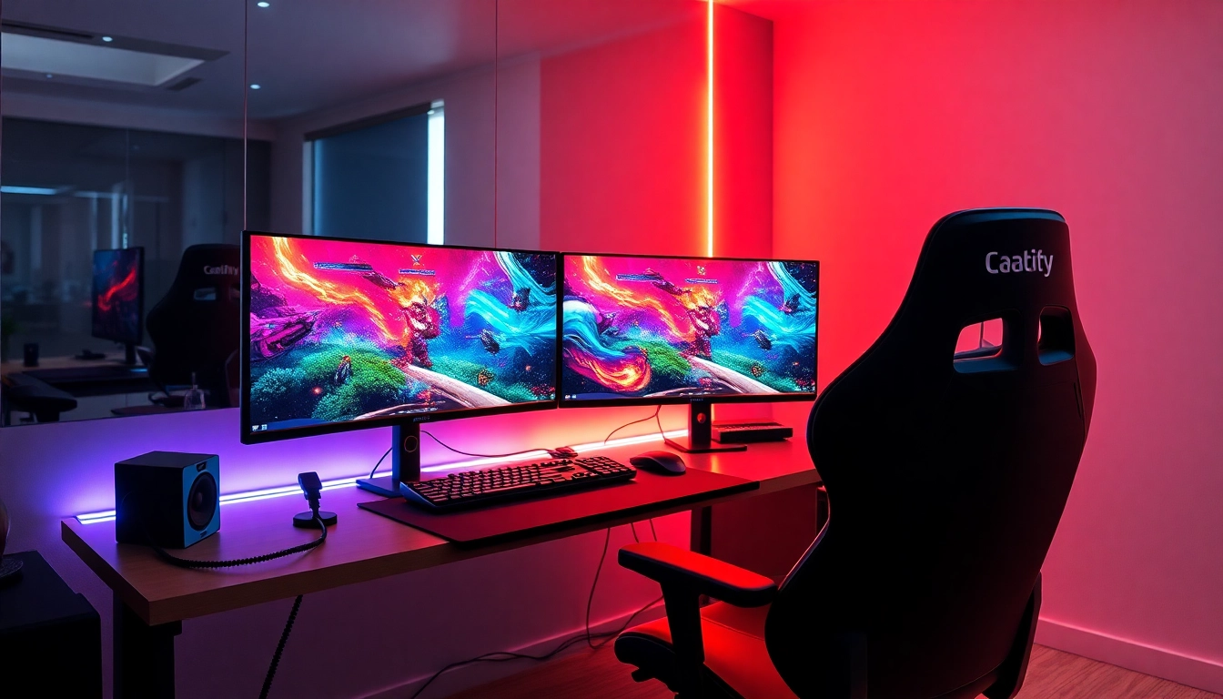 Jelajahi pengalaman game online dengan setup permainan canggih di ruang modern.