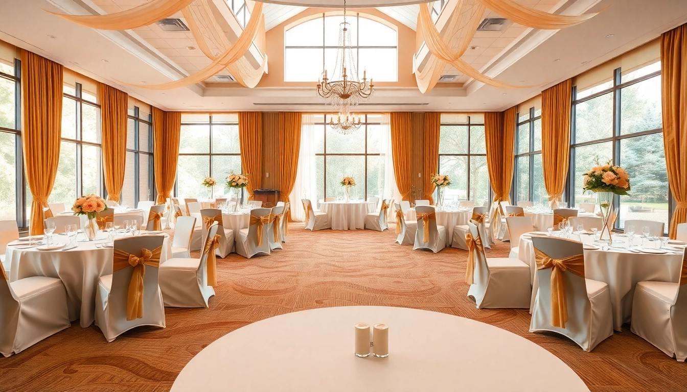 Host an elegant event at the Trenton event center with beautifully arranged tables and decorations.