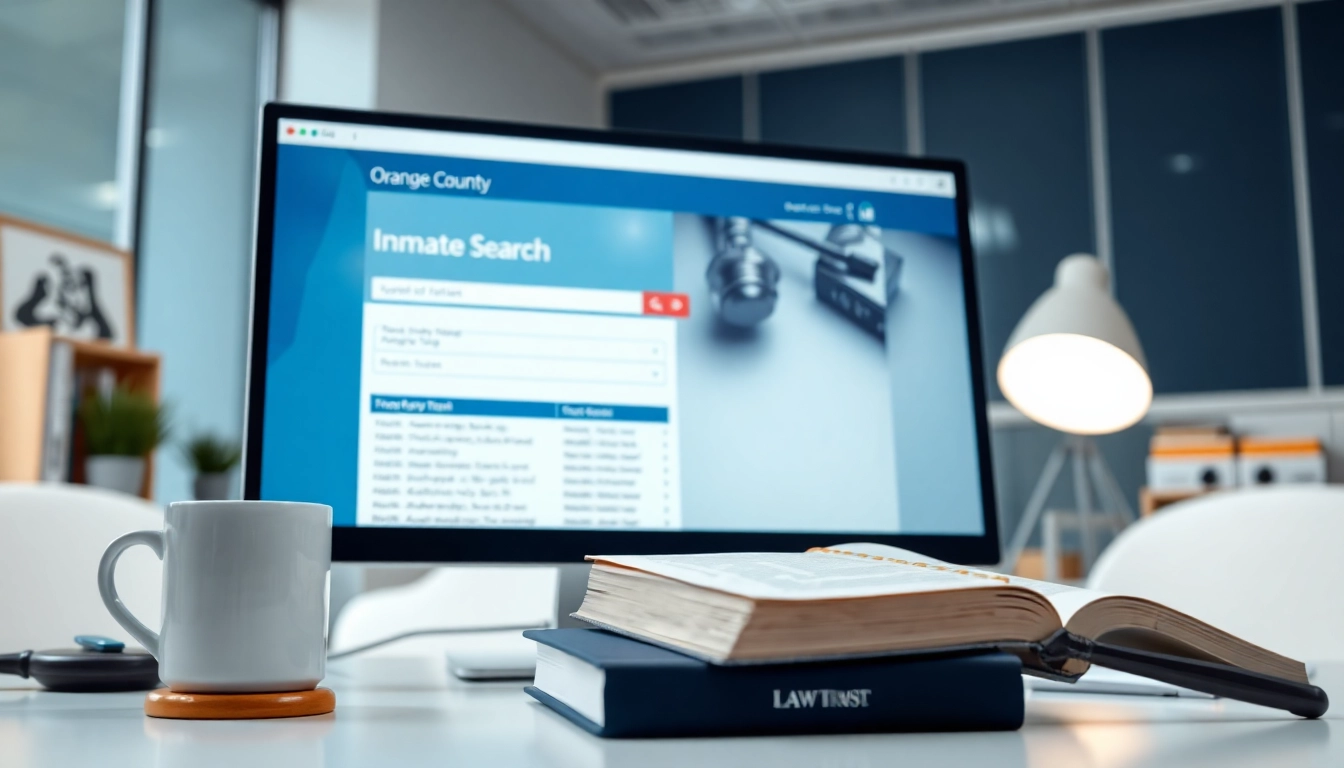 Performing an orange county inmate search on a computer in a professional office setting.