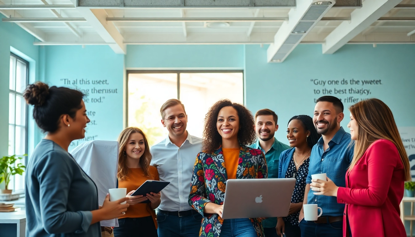Showcasing Callzent Culture through a diverse team collaboration scene in a vibrant workspace.