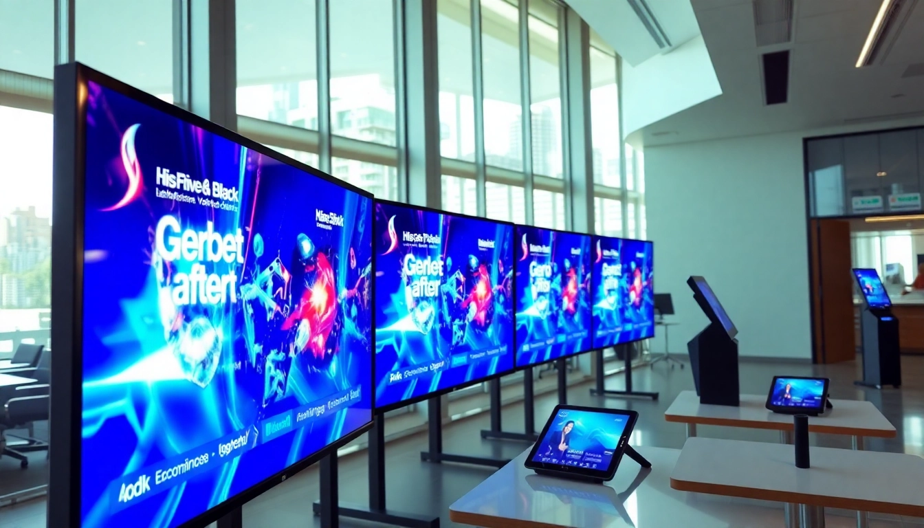 Engaging digital signage installation featuring vibrant displays in a corporate setting.