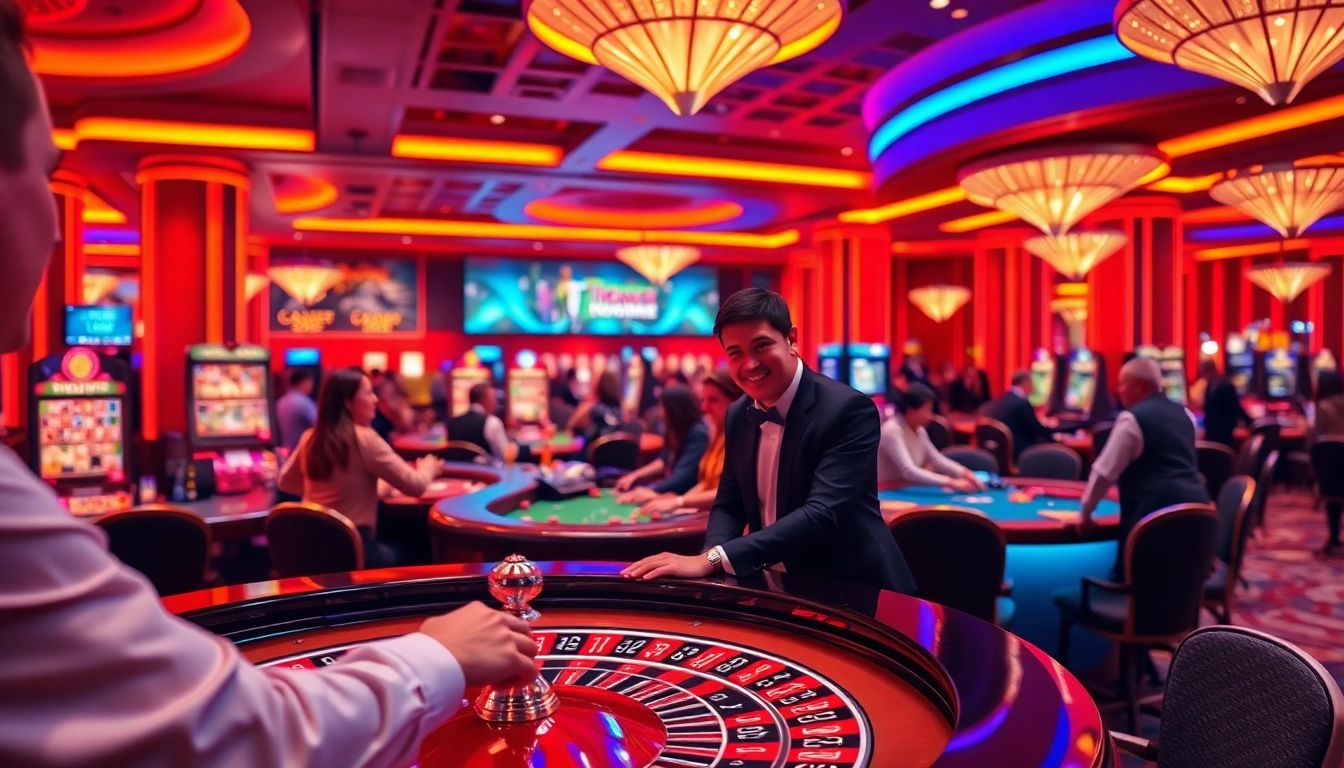 Engaged players at TPower casino experiencing the thrill of roulette with vibrant casino ambiance.