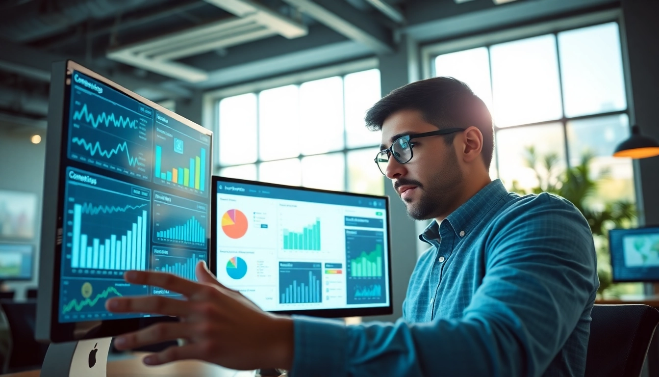 Analyze market trends using ai for competitive intelligence with digital tools in a modern office.
