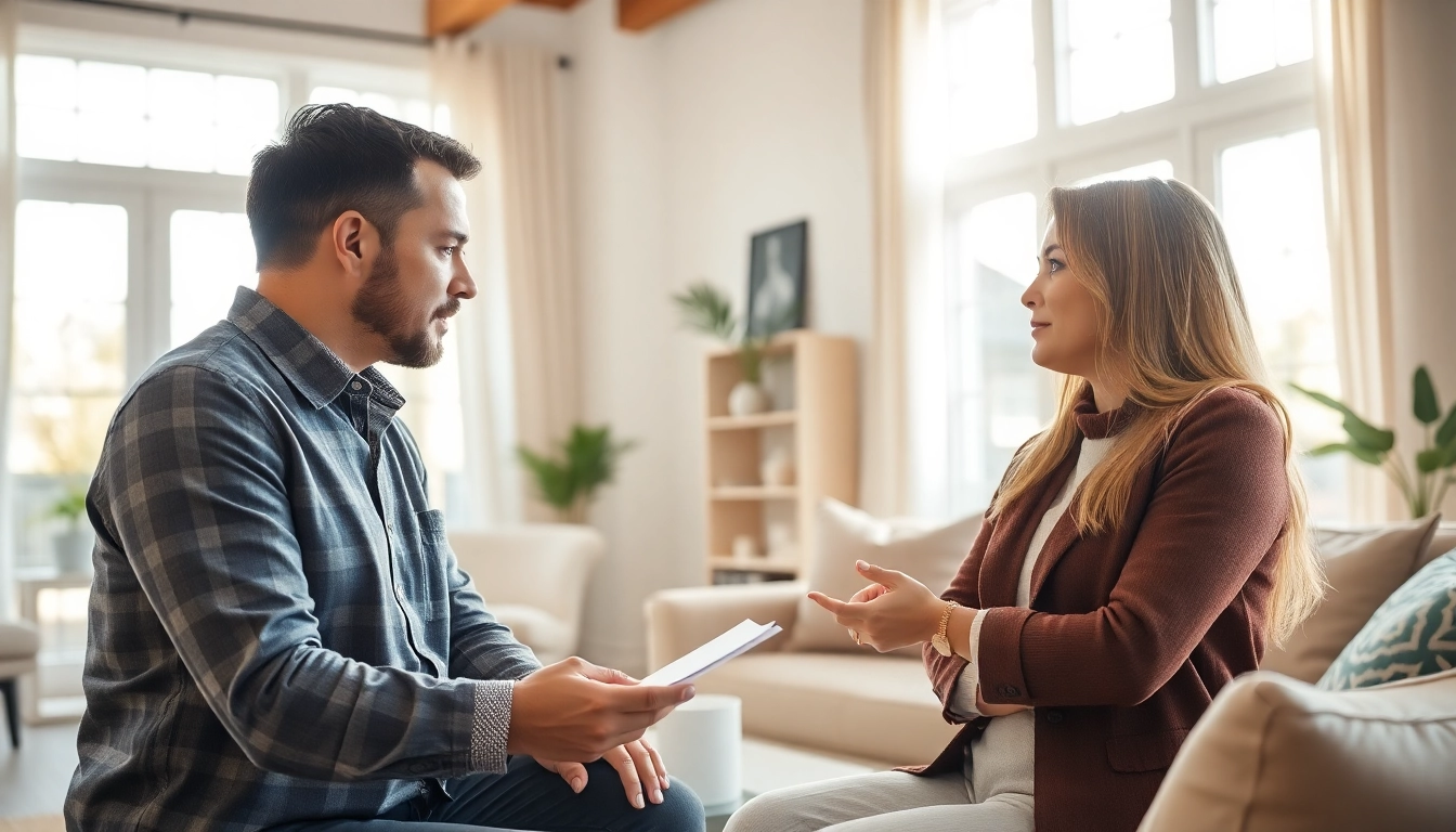 Engaging conversation between direct home buyers and a homeowner in a modern living space.