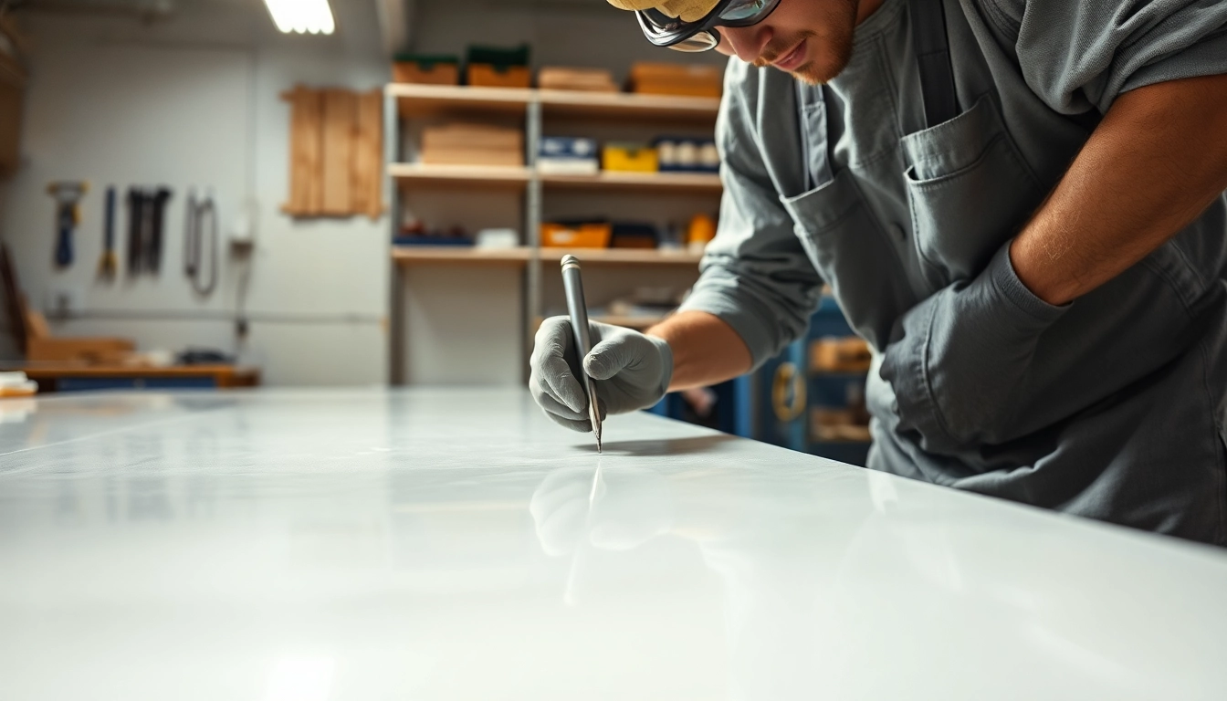 Worker expertly applying laminating resin to fiberglass sheets in a bright workshop.