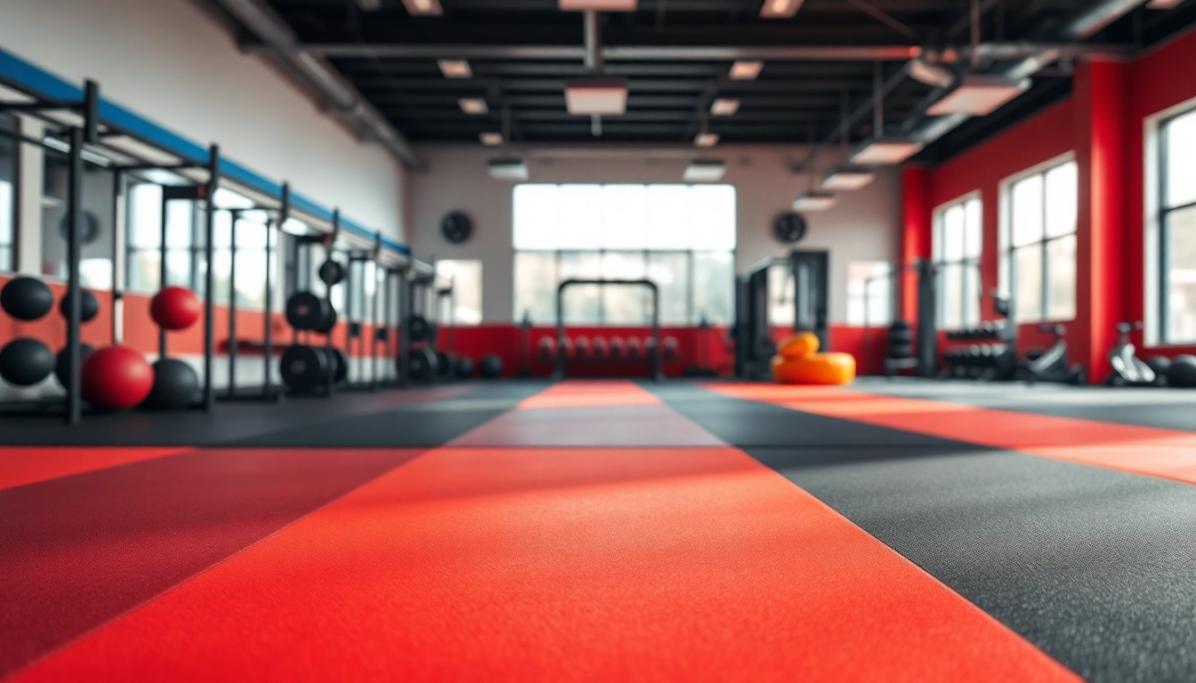 Install rubber flooring showcasing durability and color variety in a modern gym.