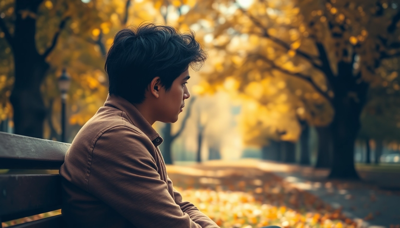 Reflecting on relationship breakup with an individual in a serene autumn setting.