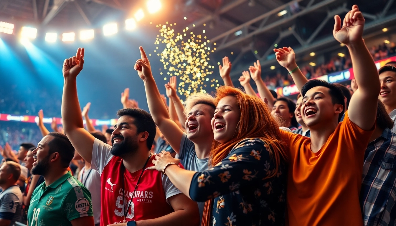Cheering fans celebrating a mix parlay victory in a lively online betting environment.